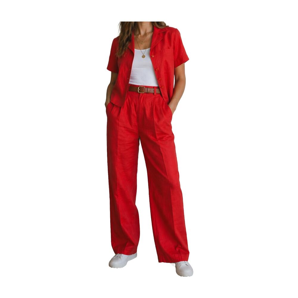Vintage Red Linen Pant Suit Size 4 Tailored Blazer Trousers Coastal Chic Set - Picture 9 of 9